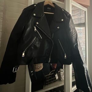 Zara Black Faux Leather Biker Jacket with Silver Hardware